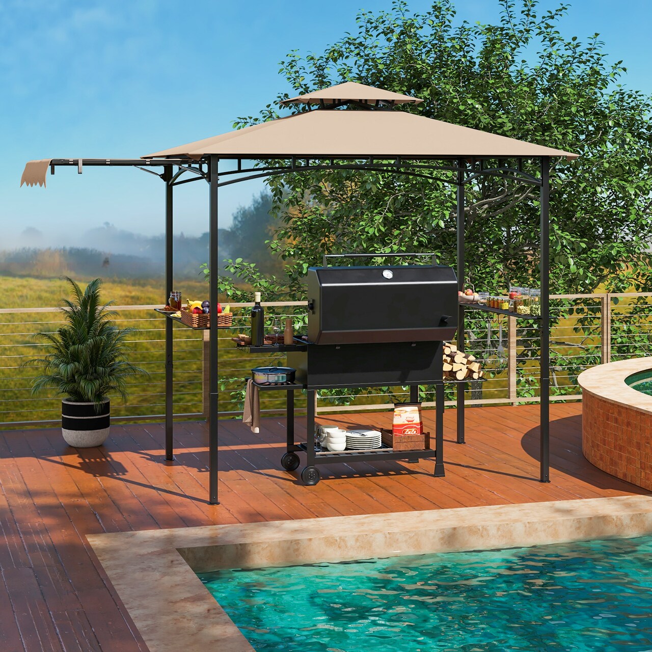11x5 FT Grill Gazebo with Shelves Side Awning and Double-Tiered Vented Top